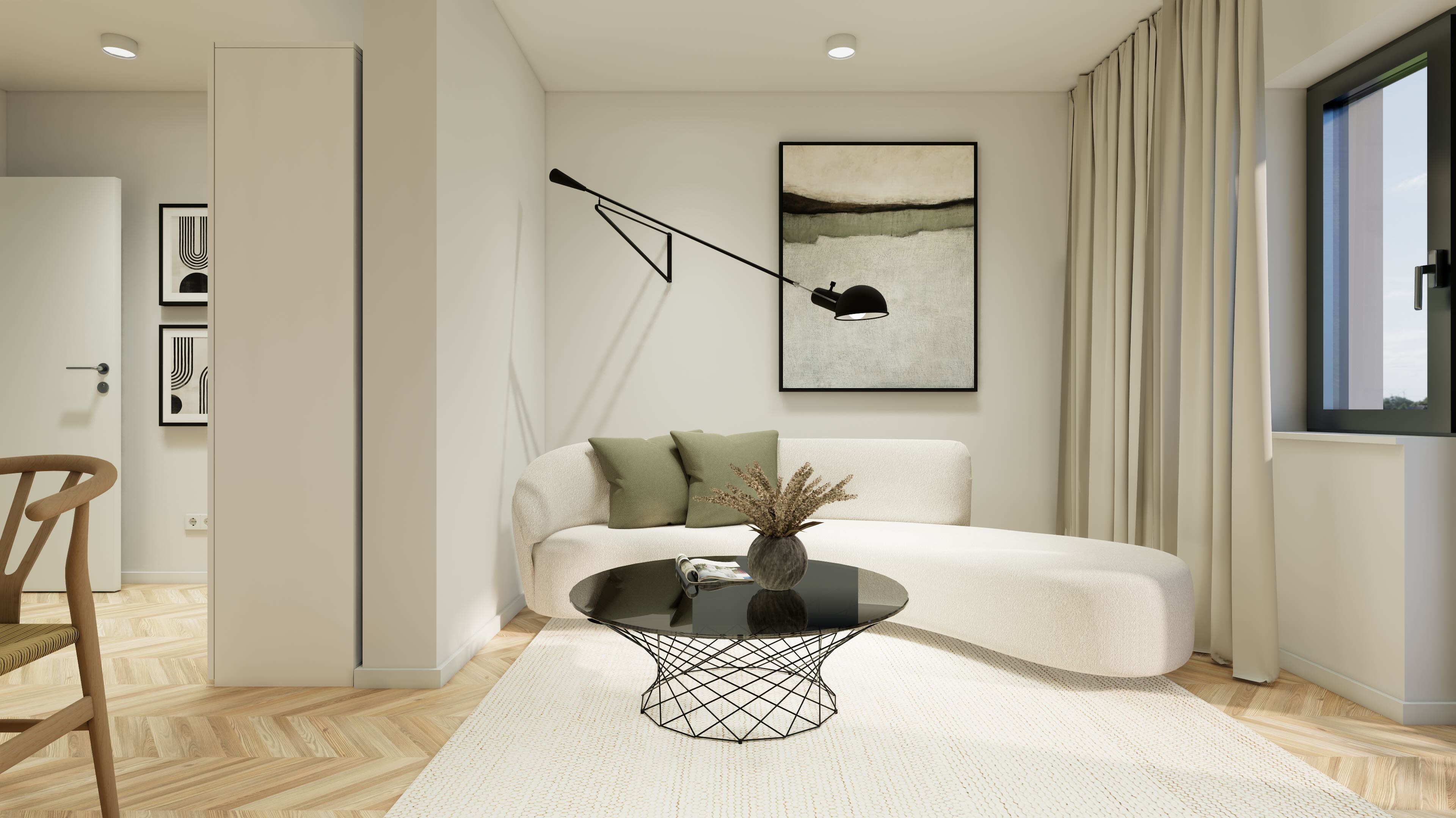Helles Wohnzimmer mit Sofa, rundem Glastisch und Wandbild