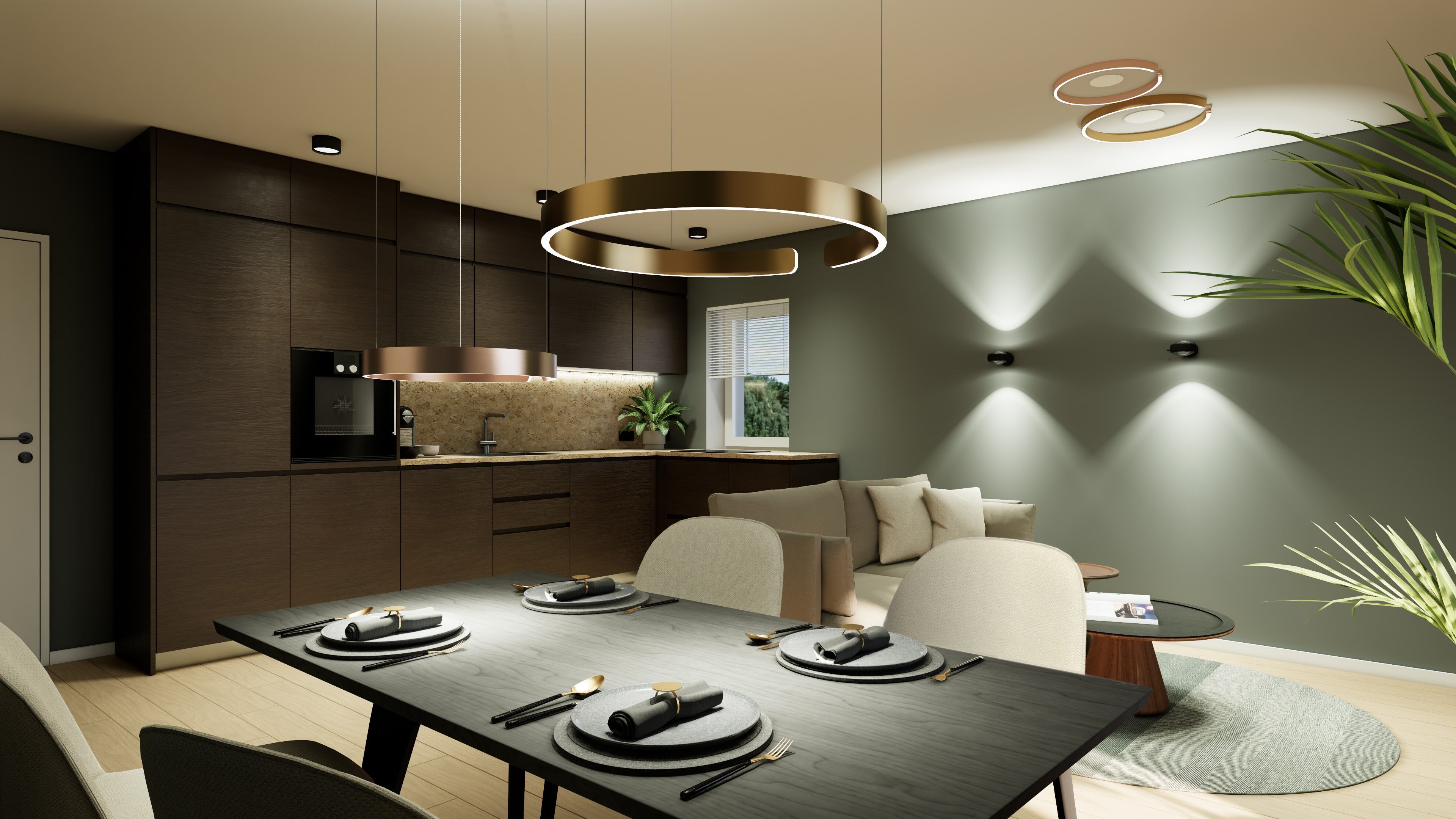 Modernes Wohnzimmer mit dunkelgrüner Wand, eleganter Beleuchtung und offener Wohnküche