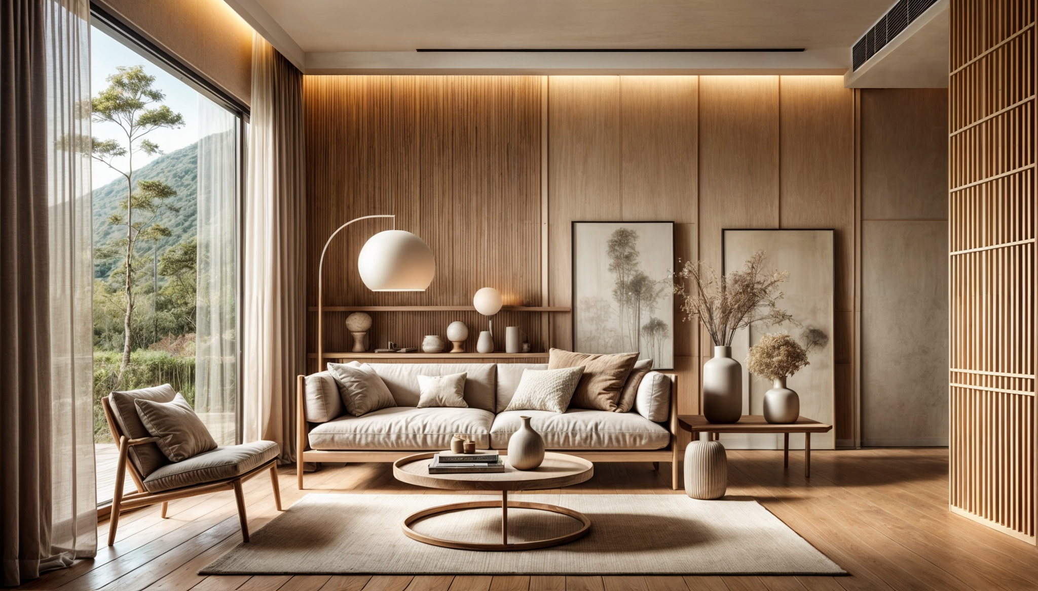 Helles Wohnzimmer im Japandi-Stil mit großen Fenstern, Sofa, Holzmöbeln.