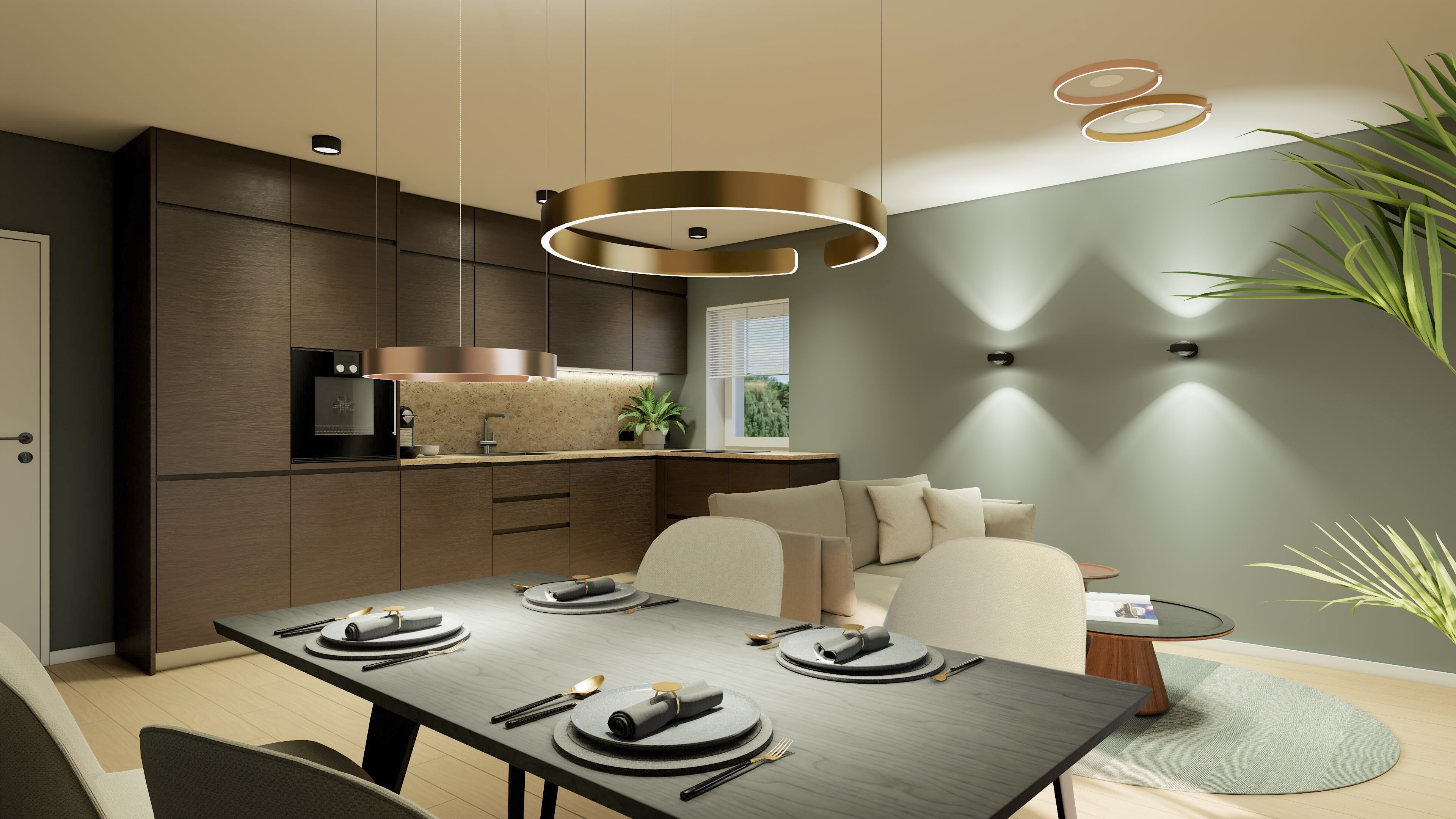 Modernes Wohnzimmer mit dunkelgrüner Wand, eleganter Beleuchtung und offener Wohnküche