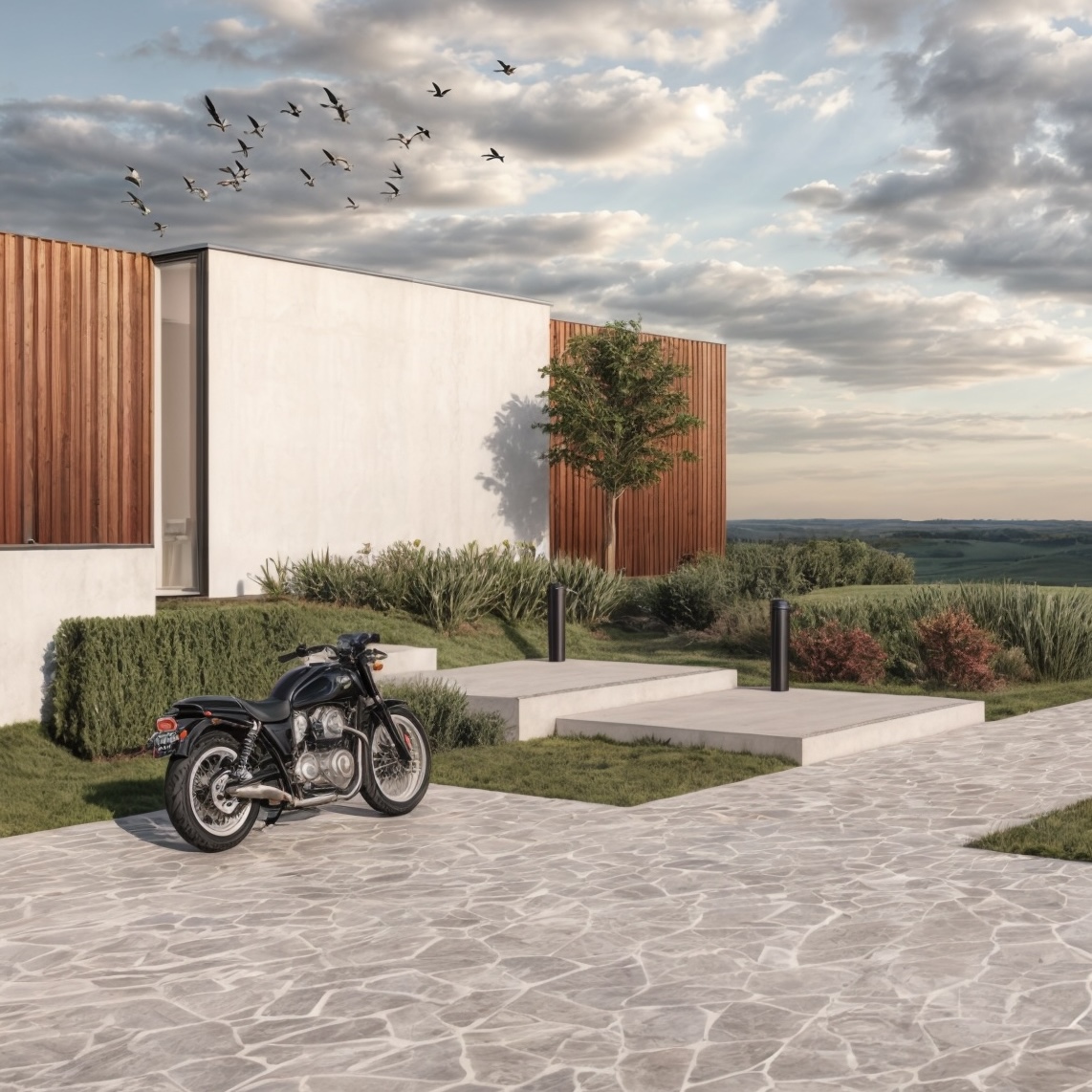 Architektur Visualisierung mit Sichtbeton, Holzlamellen und naturnaher Gestaltung