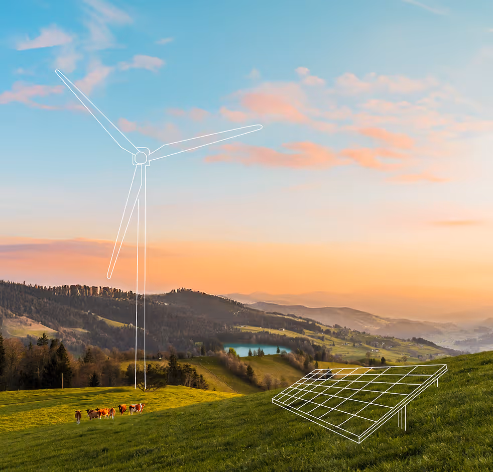 Green hillside landscape at sunset with grazing cows, a lake in the distance, and white line drawings of a wind turbine and solar panels.