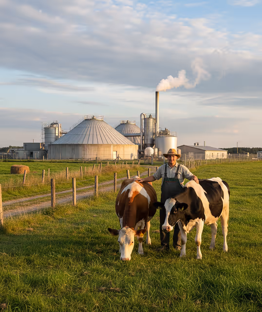 Farmer standing in a green field with two cows in front of a bioenergy plant with large storage tanks and a smokestack.