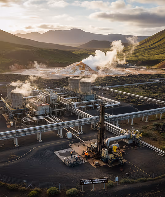 Geothermal power plant with steam rising from cooling towers and geothermal vents in a mountainous landscape at sunset.