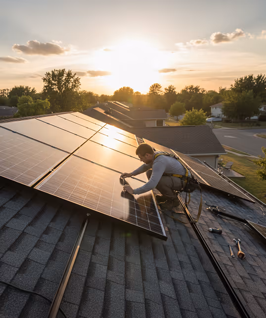 Worker installing solar panels on a rooftop at sunset with tools nearby and trees in the background.