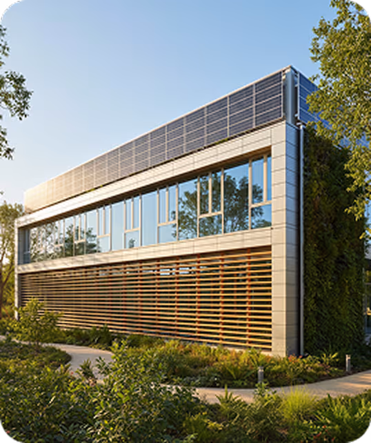Modern eco-friendly building with solar panels on the roof and greenery-covered walls surrounded by plants.
