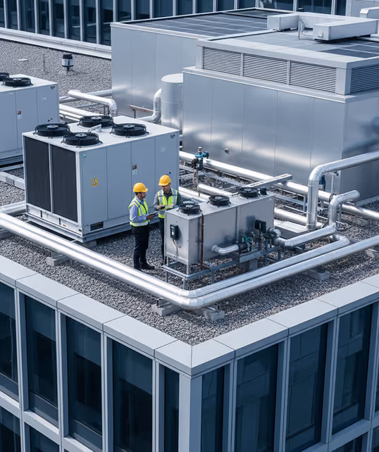 Two workers in safety helmets and vests inspecting HVAC units on a commercial building rooftop.