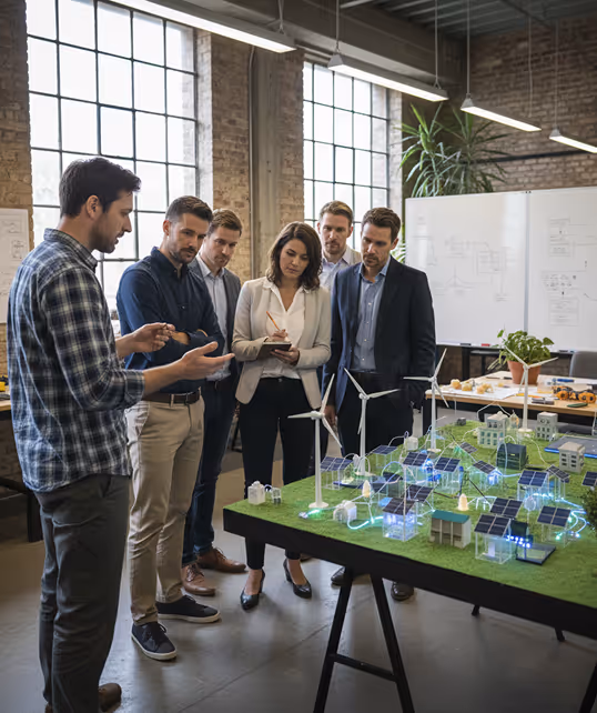 Group of professionals discussing a sustainable energy model with wind turbines and solar panels on a table in an office.