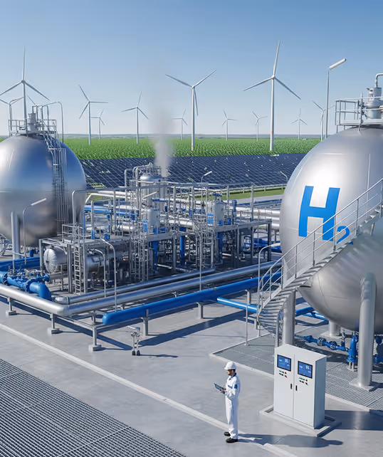 Hydrogen production plant with large storage tanks marked H2, solar panels, wind turbines, and a worker in protective clothing holding a tablet.