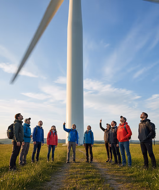 Group of nine people standing on a grass path looking up at a large wind turbine against a blue sky.