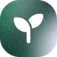 White seedling icon with two leaves on a dark green rounded square background.
