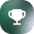 White trophy icon on a green textured circular background.