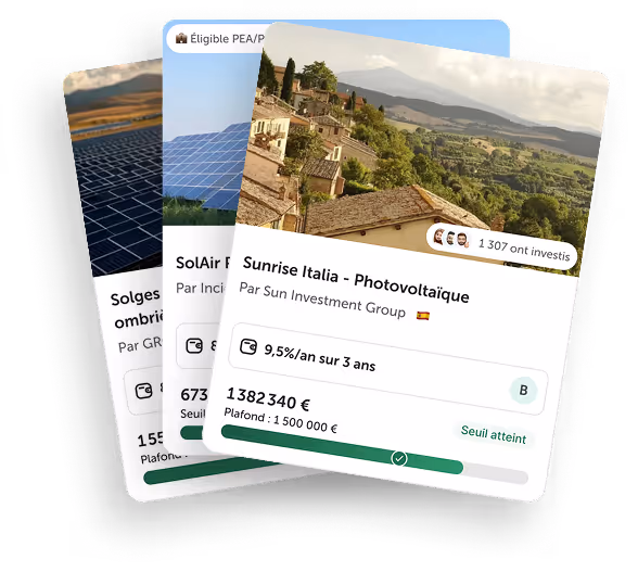 Three overlapping investment project cards showing photos of solar panels and a scenic hillside village, detailing investment amounts and returns.