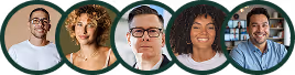 Portraits of five diverse professionals smiling against abstract green backgrounds.