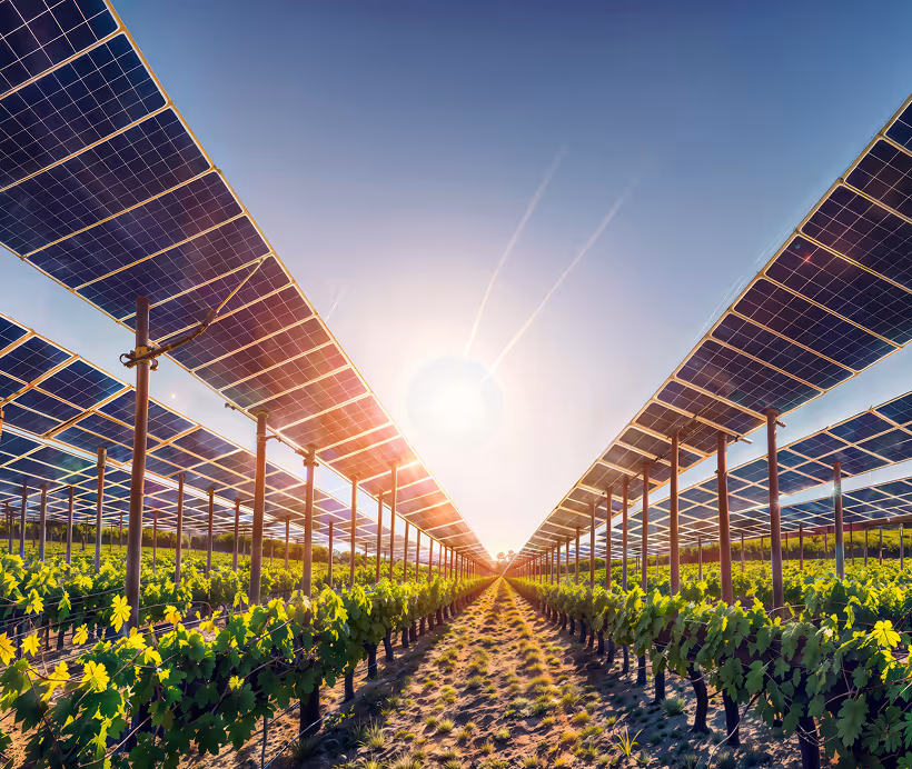 Rows of solar panels installed above green vineyard plants under a clear sunlit sky.