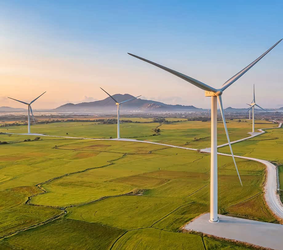Wind turbines spread across green agricultural fields with mountains in the background under a clear blue sky at sunset.