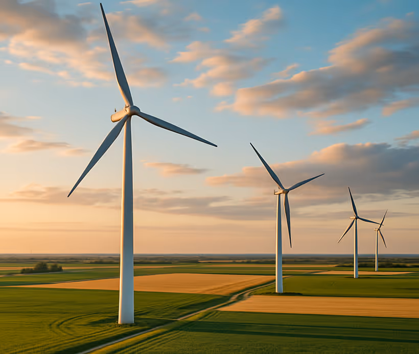 Four wind turbines standing in agricultural fields under a partly cloudy sky during sunset.