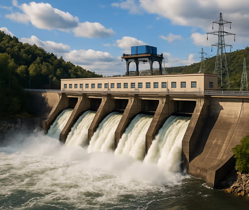Hydroelectric dam releasing water through multiple spillways surrounded by green forested hills under a partly cloudy sky.