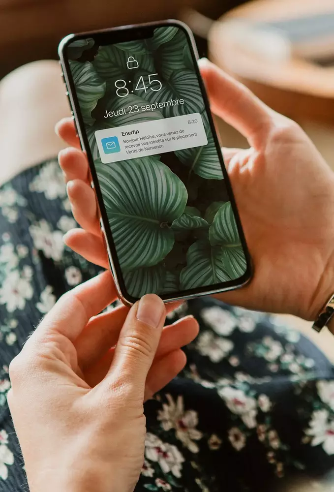 Person holding a smartphone displaying a lock screen with leafy wallpaper and a notification from Enerfip.