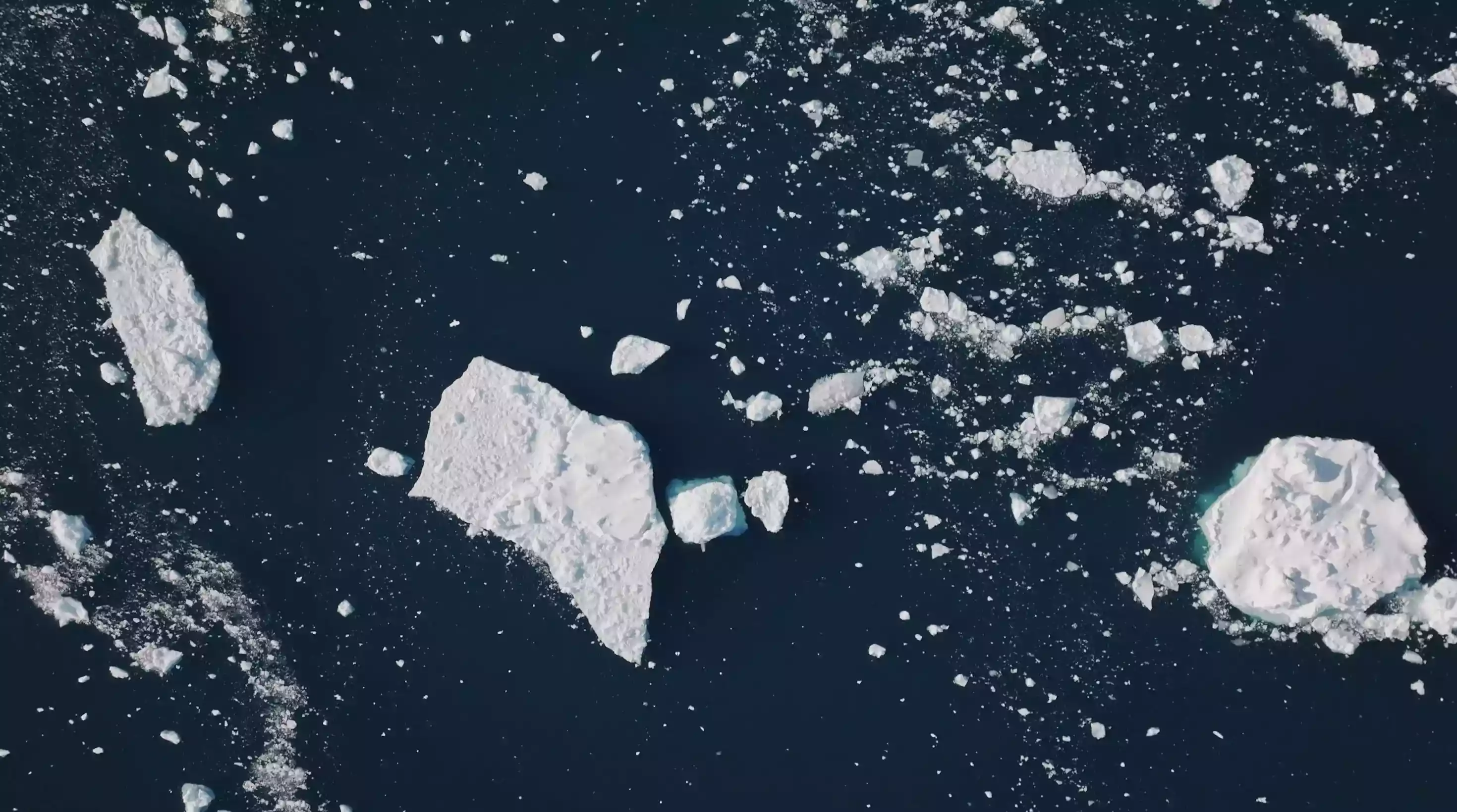 Aerial view of scattered icebergs floating in dark blue ocean water.