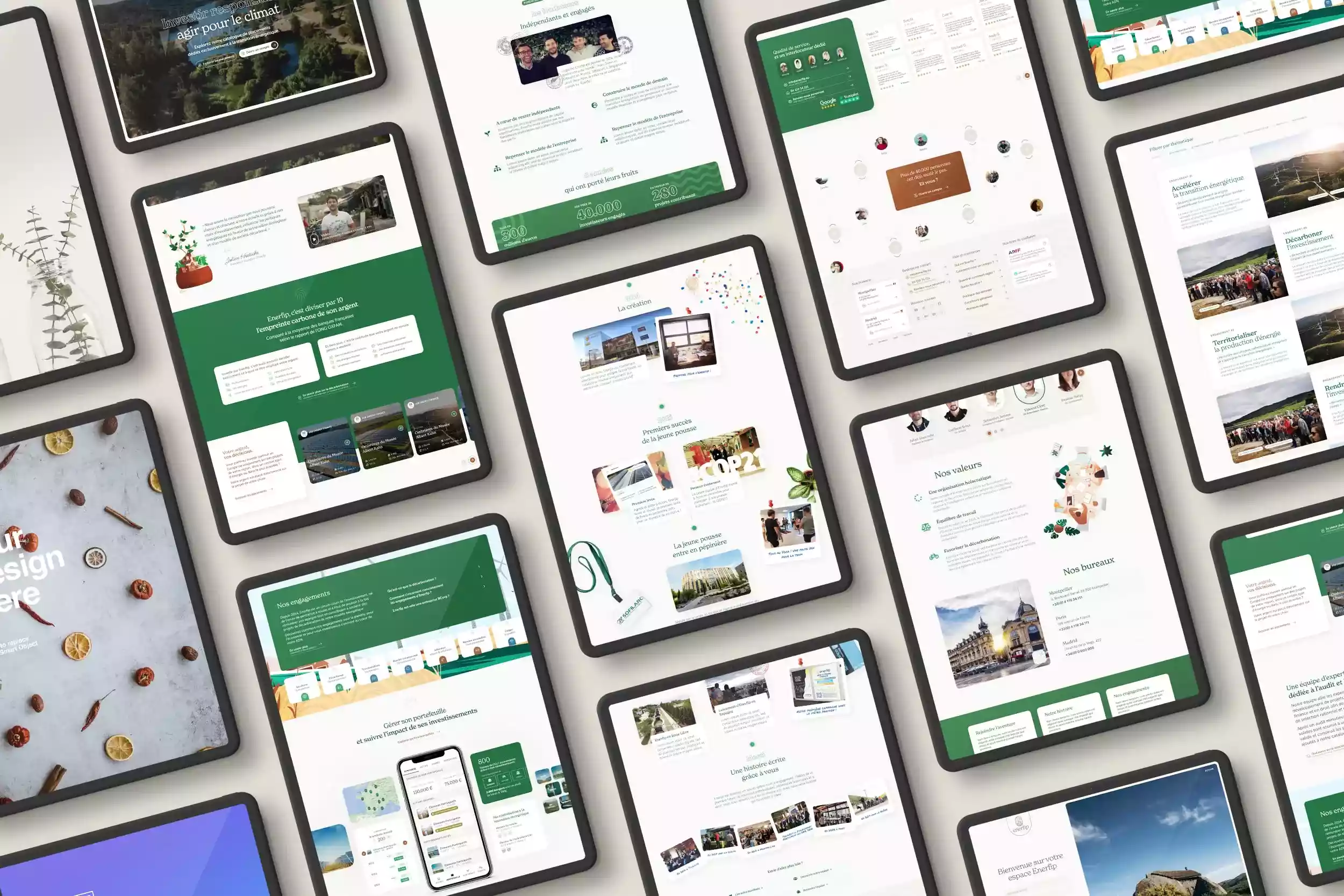 Multiple tablets displaying various pages of a green-themed website focused on climate action, energy transition, and sustainable investment.