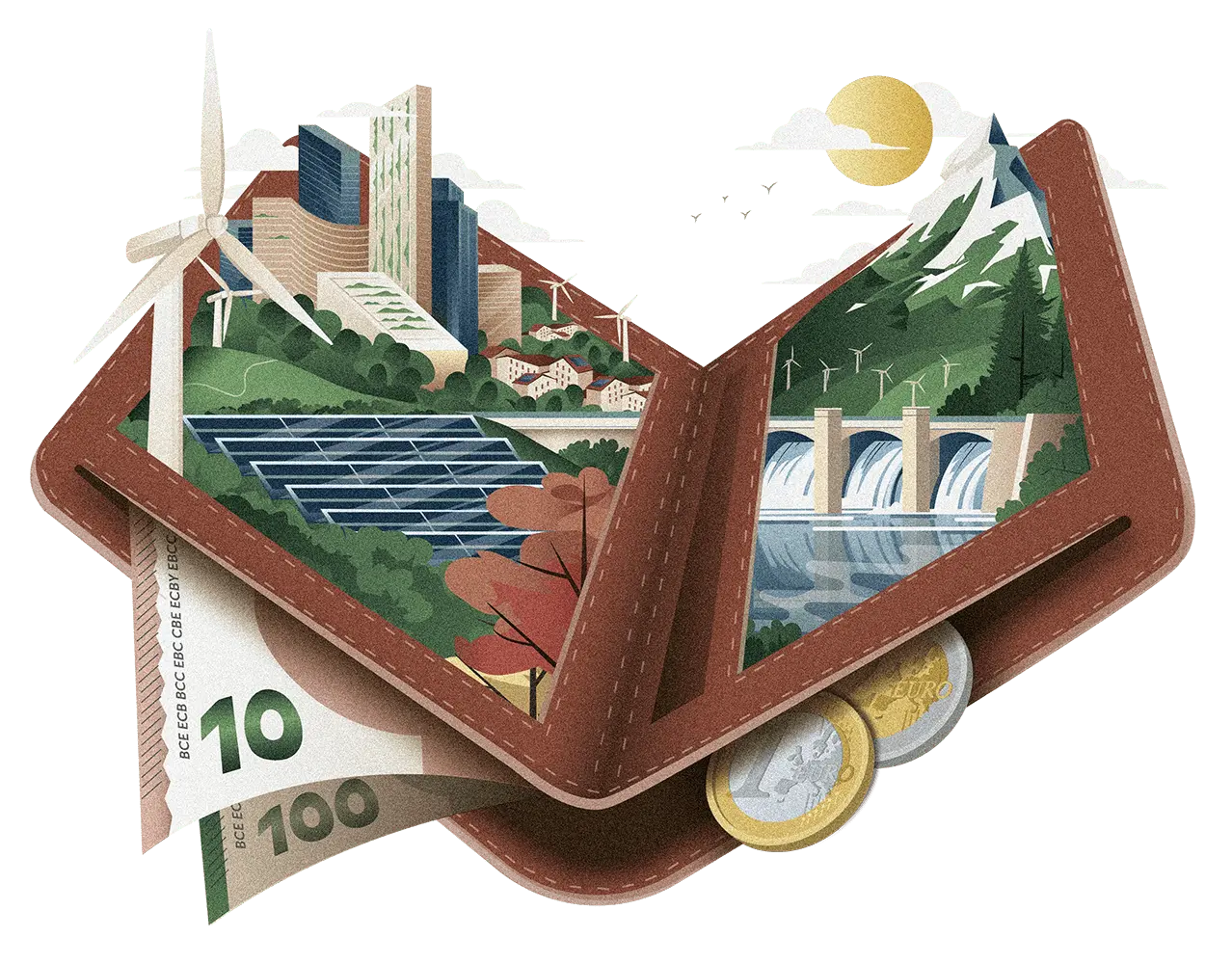 Open brown wallet containing euro banknotes and coins, with eco-friendly elements like wind turbines, solar panels, dam, and mountain scenery inside.