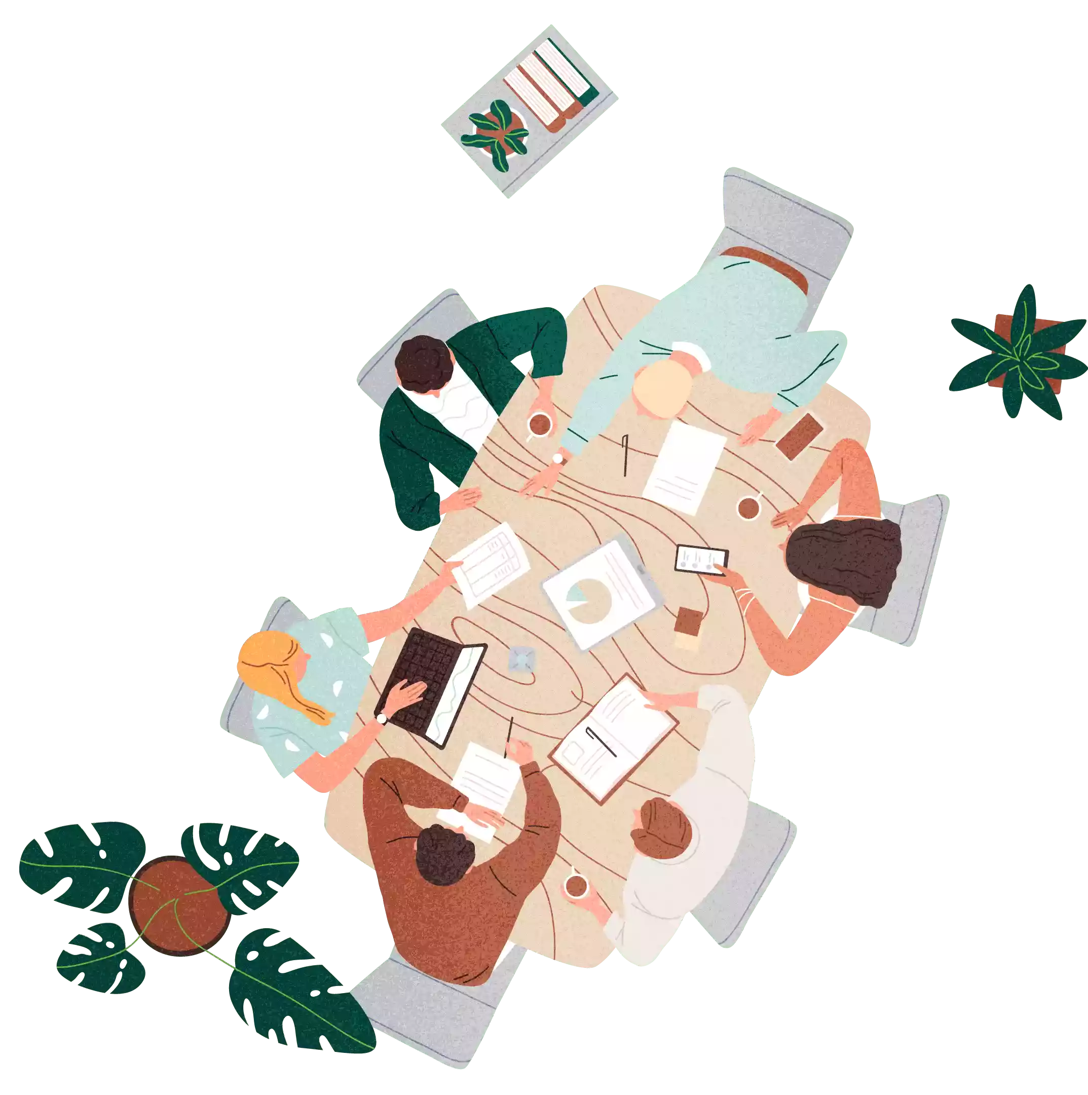 Top-down illustration of six people sitting around a wooden table, engaged in a meeting with documents, a laptop, a smartphone, and coffee cups, with plants nearby.
