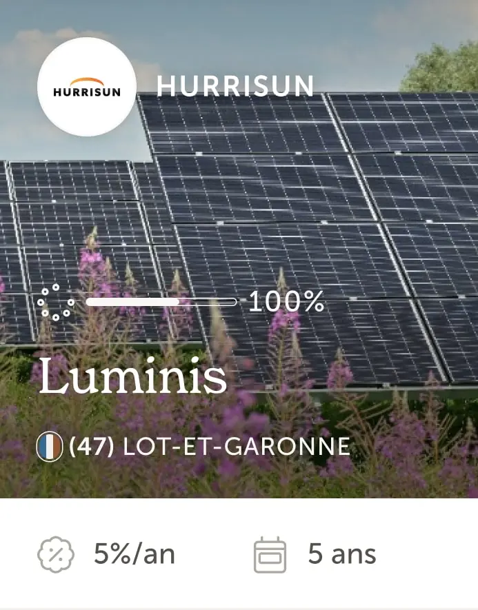 Solar panels with purple flowers in front, labeled Hurrisun Luminis, 100% progress, located in Lot-et-Garonne, France, with 5% annual yield over 5 years.