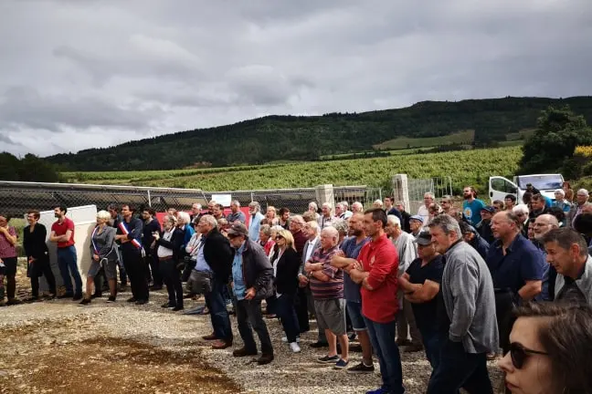 Large group of people standing outdoors on gravel, attentively listening with vineyard-covered hills in the background under cloudy sky.
