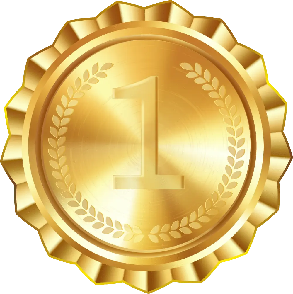 Gold medal with the number 1 and laurel leaves design.