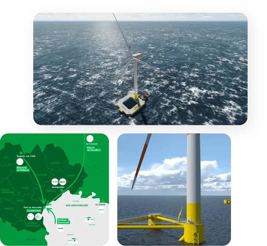 Three images showing offshore wind energy: a floating wind turbine in the ocean, a map of southern France with wind energy infrastructure, and a close-up of a wind turbine base in the sea.