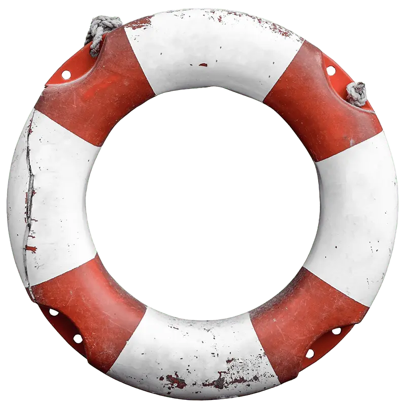 Worn red and white lifering with visible scratches and rope attached.