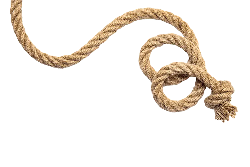 Coiled natural fiber rope tied in a loose knot with frayed ends.