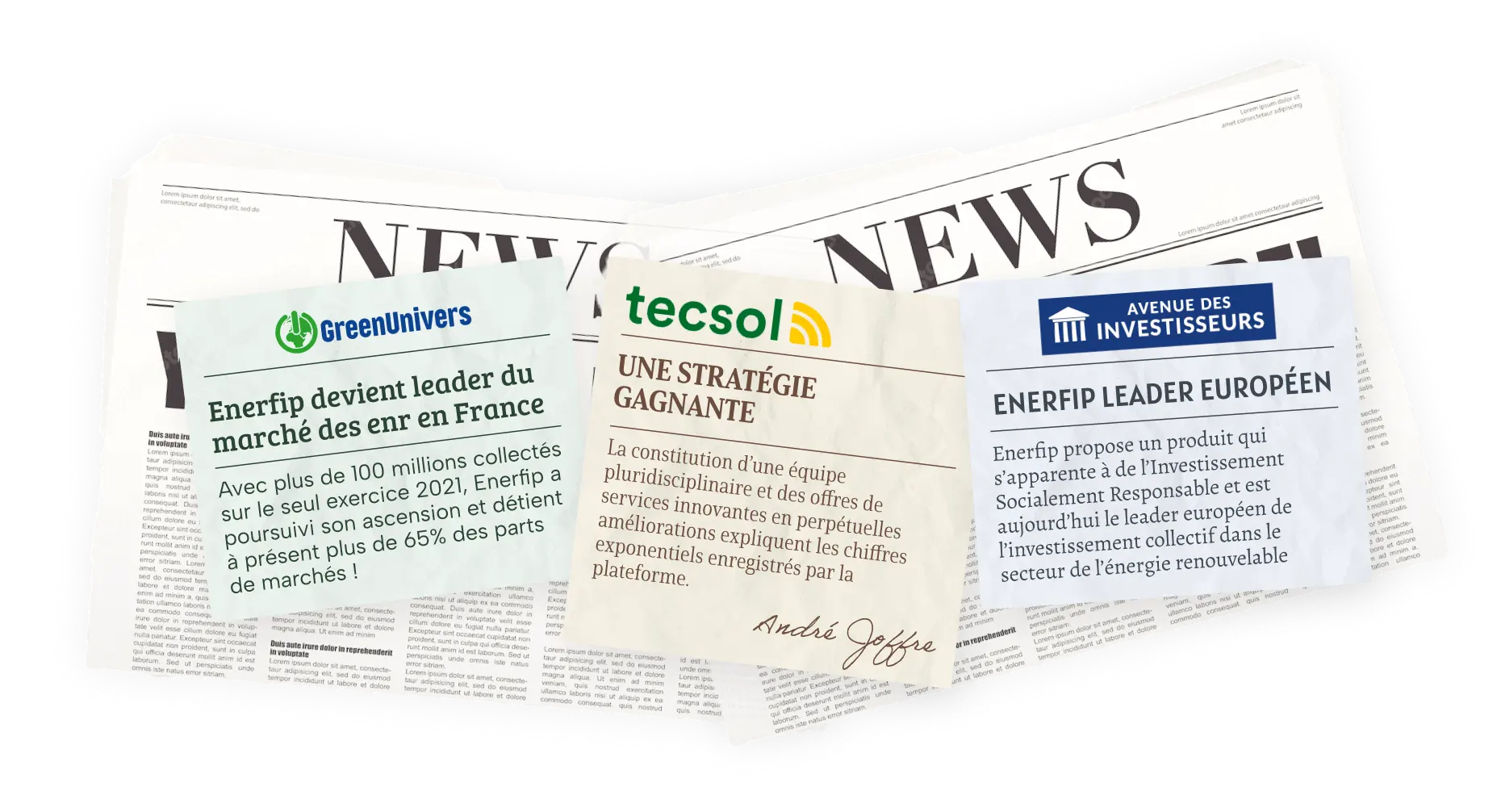 Collage of three newspaper clippings featuring headlines about Enerfip's leadership in the renewable energy market in France and Europe, and a winning strategy by tecsol.