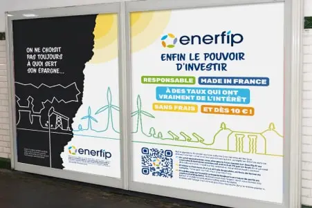 Enerfip advertisement highlighting responsible investing in France with real interest rates, no fees, and a low minimum investment from 10 euros.