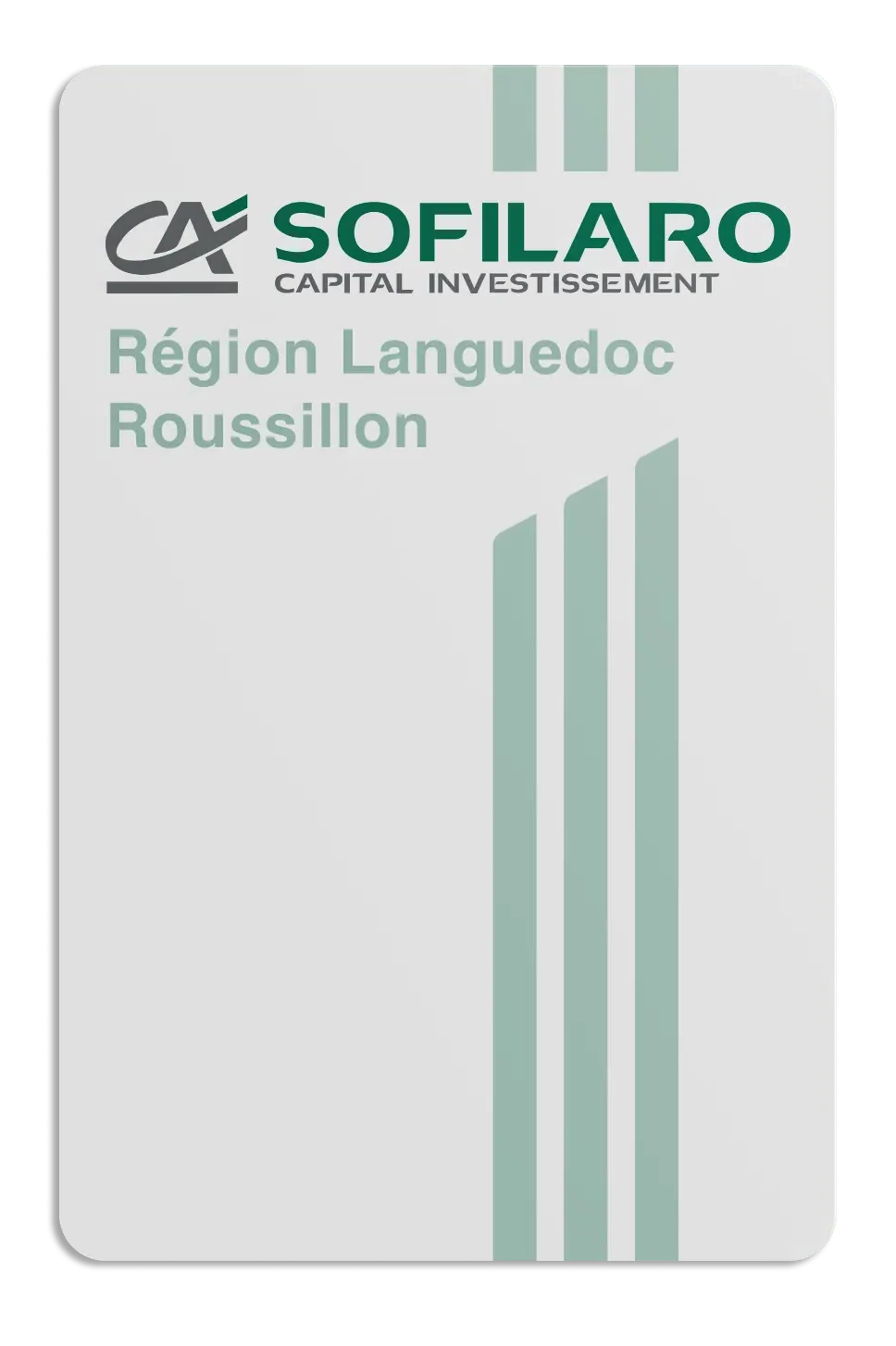 Logo and branding of SOFILARO Capital Investissement for Région Languedoc Roussillon with vertical green stripes.