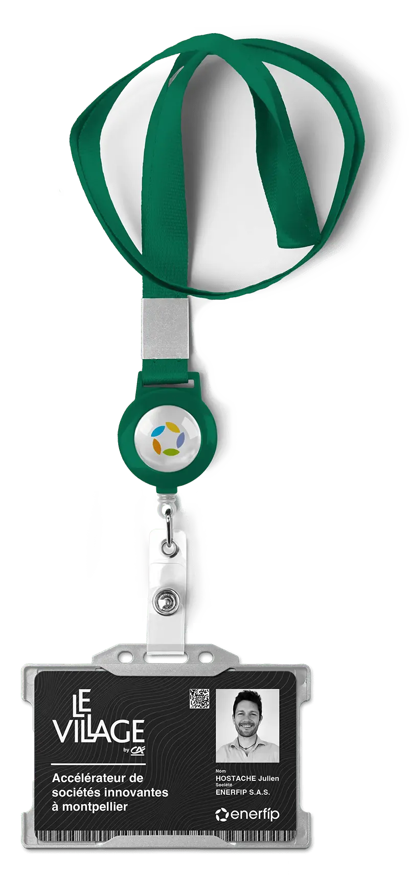 Employee badge with green lanyard and photo ID for Julien Hostache from Enerfip at Le Village by CA, an accelerator for innovative companies in Montpellier.