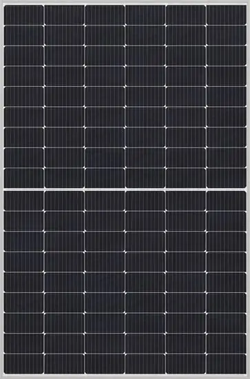 Close-up view of a rectangular solar photovoltaic panel with multiple dark blue-black solar cells arranged in rows and columns.