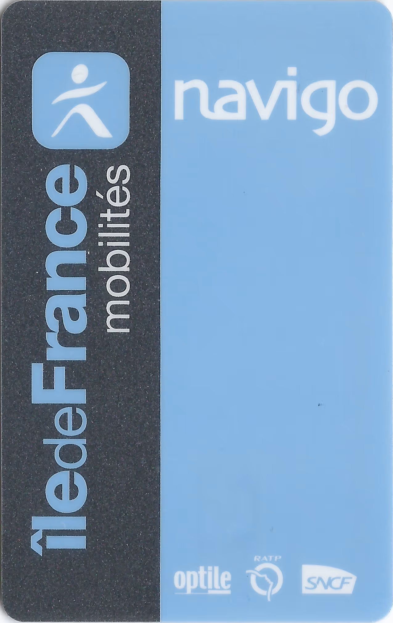Navigo transit pass with Île-de-France Mobilités logo on black strip and blue background with optile, RATP, and SNCF logos.