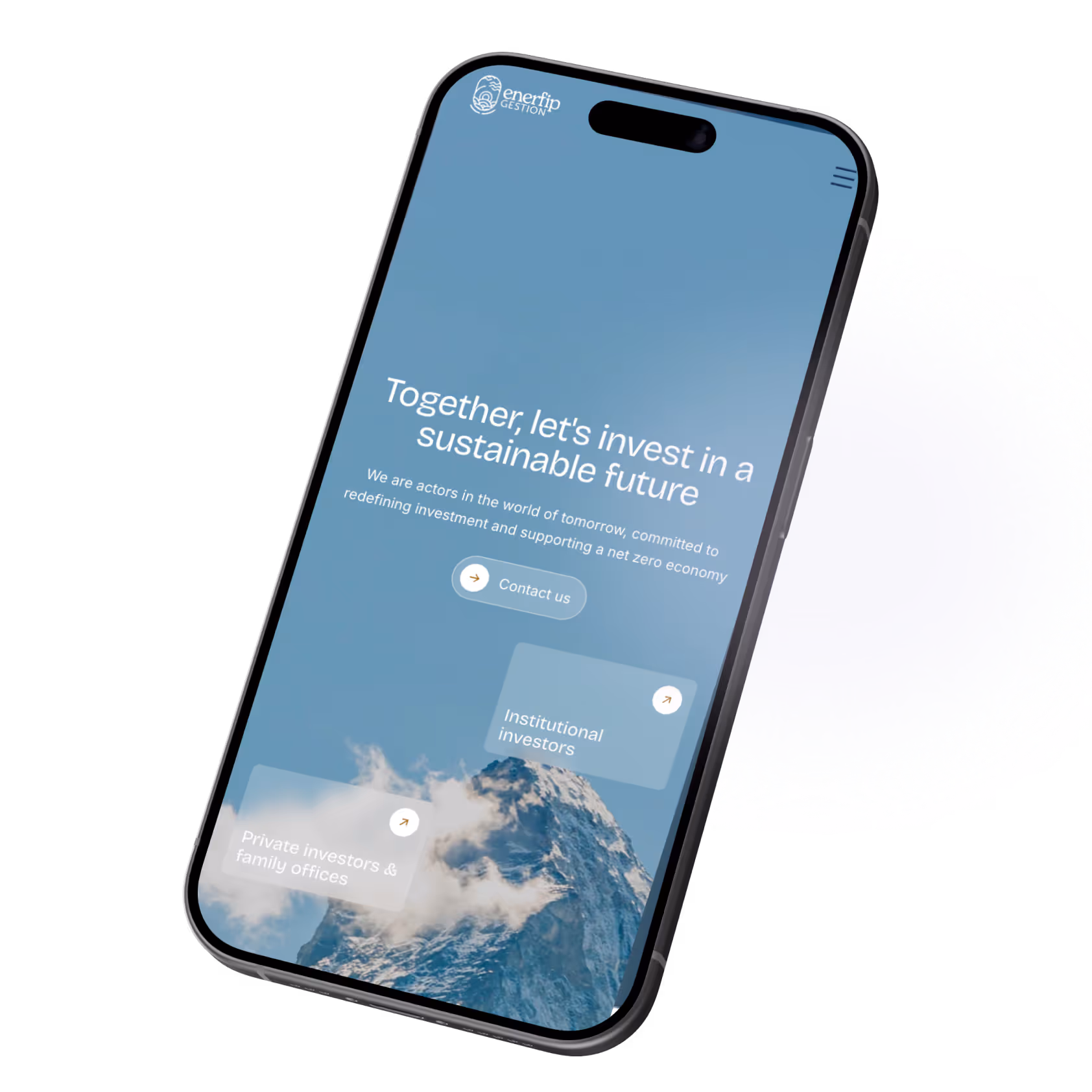 Smartphone displaying Enerfip Gestion app with mountain and clouds background and message about investing in a sustainable future.