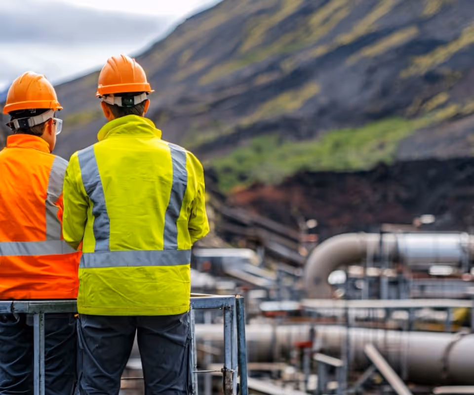 Two construction workers wearing orange and yellow safety jackets and helmets standing with their backs to the camera at an industrial site with large pipes and a mountainous background.