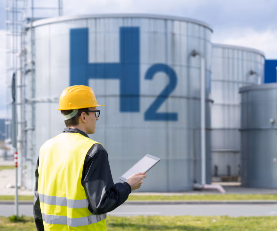 Engineer wearing a yellow hard hat and safety vest holding a tablet near large industrial tanks labeled H2 for hydrogen storage.