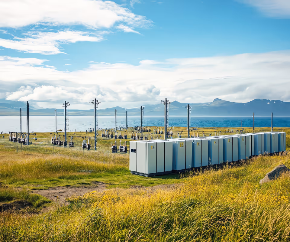 Energy storage system with battery units and electrical equipment on grassy land near a body of water with mountains in the background under a partly cloudy sky.