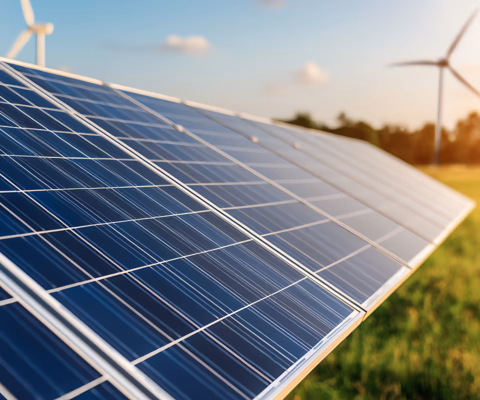 Close-up of solar panels with wind turbines and grassy field in the background under a clear sky.