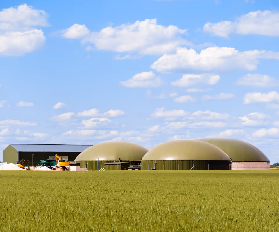 Biogas plant with large dome-shaped digesters in a green field under a partly cloudy blue sky.