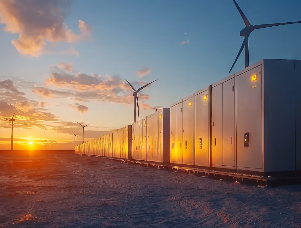 Row of electrical storage units reflecting golden sunset light with wind turbines in the background.
