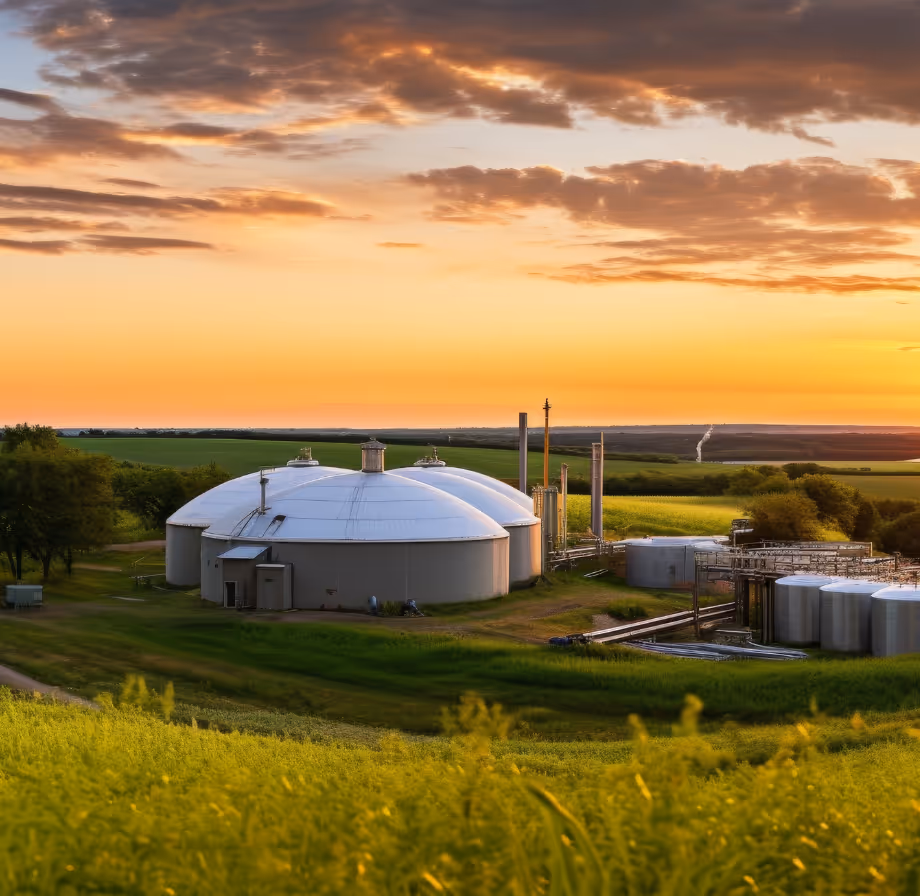 Biogas plant with circular digesters in a green field at sunset under a partly cloudy sky.