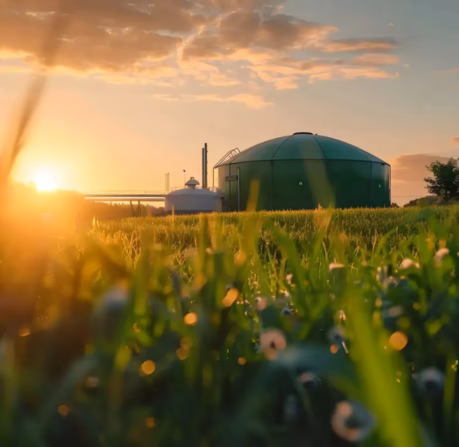 Biogas plant with green and white domed tanks at sunset behind a field of grass.