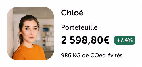 Photo de Chloé avec le montant de son portefeuille et CO2 évité