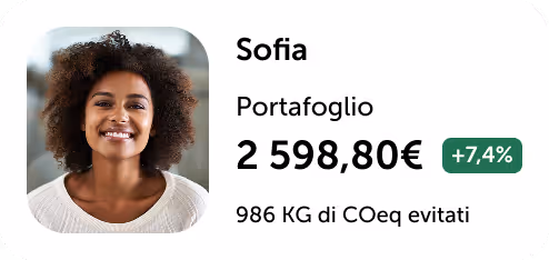 Foto di Sofia con l'importo del suo portafoglio e le emissioni di CO2 evitate